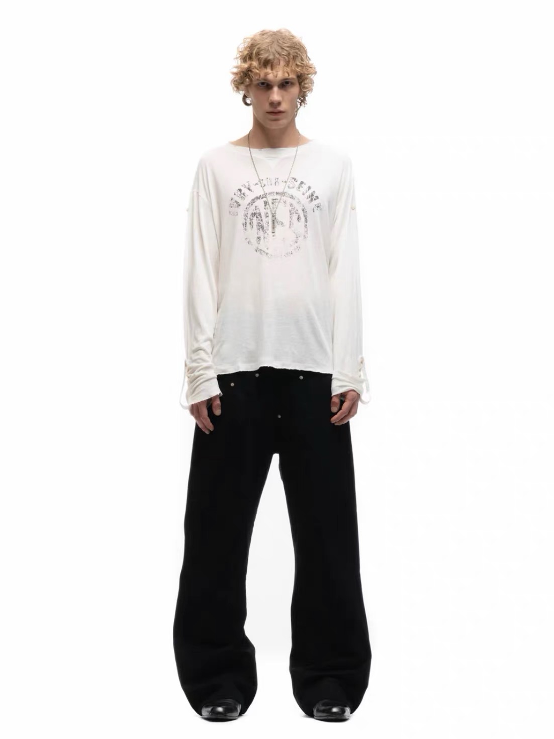 Mens Linen Shirt Long Sleeve - NoFaith Vintage Prany Biały T-shirt z