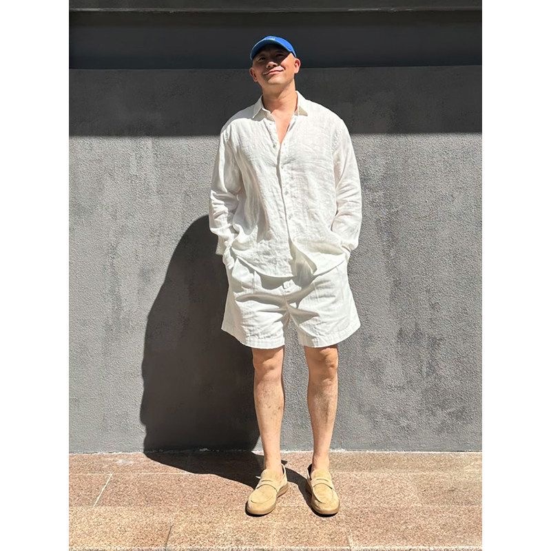 Mens Linen Shirt Long Sleeve - Lekki luksusowy męski lniany zestaw: koszula