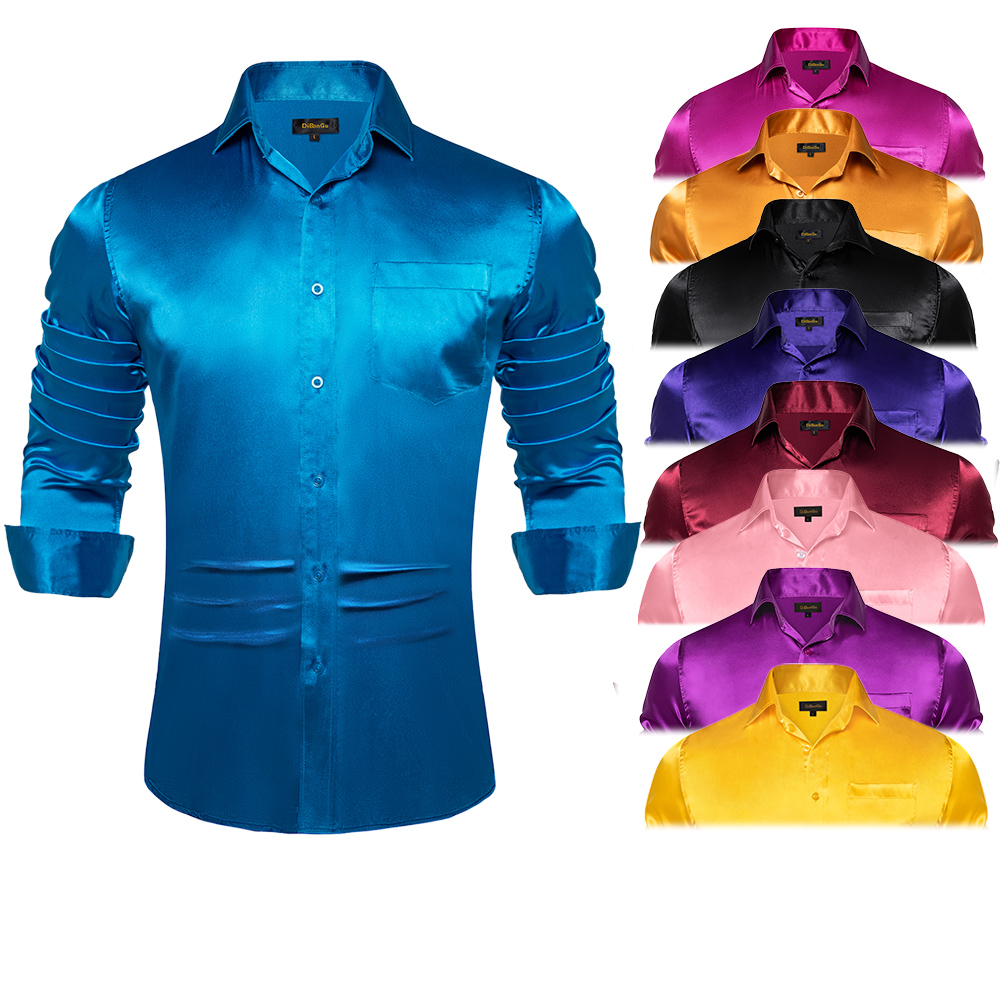 Mens Satin Silk Dress Shirt - Męska niebieska czerwona biała czarna satynowa