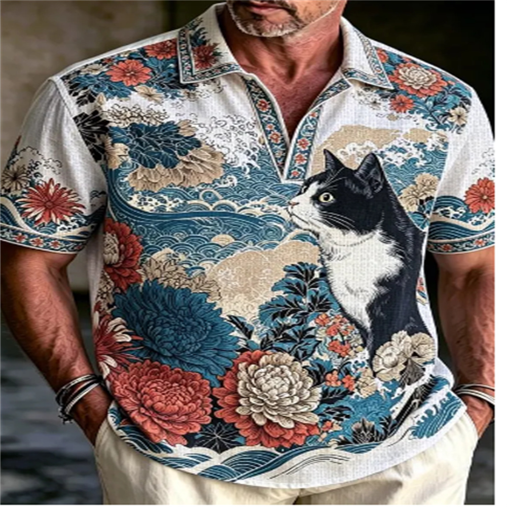 Vintage Hawaiian Floral Shirt - Męska koszulka polo z krótkim rękawem,