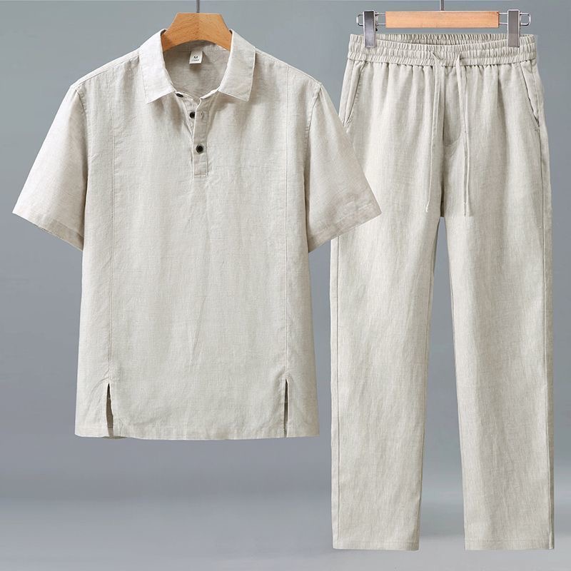 Mens Linen Shirt Long Sleeve - Moda wiosna/lato Retro Sportowy Zestaw z