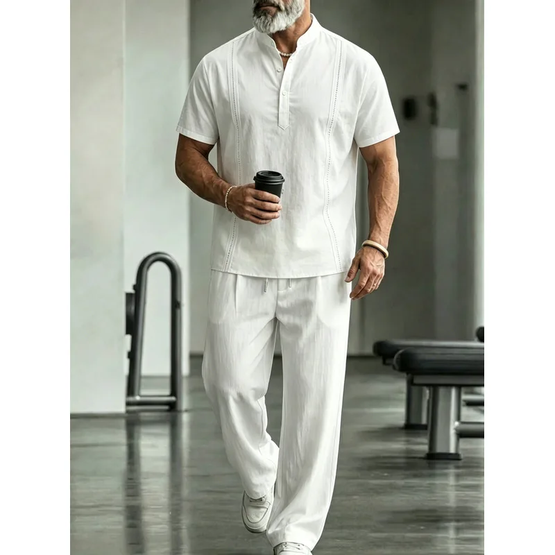 Mens Linen Shirt Long Sleeve - Męski lniany zestaw casualowy 2-częściowy: koszula